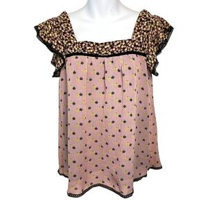 Anthropologie Nick & Mo Mauve Floral Square Neck Flutter Sleeve Top
